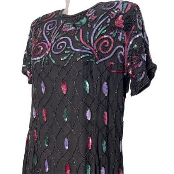 Vintage 90s Size Small Black Multicolor Sequin Cocktail Dress Silk Evening Party - Picture 3 of 7